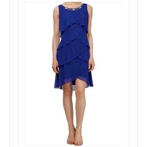 Royal Blue Bead Neck Tiered Chiffon Cocktail Dress